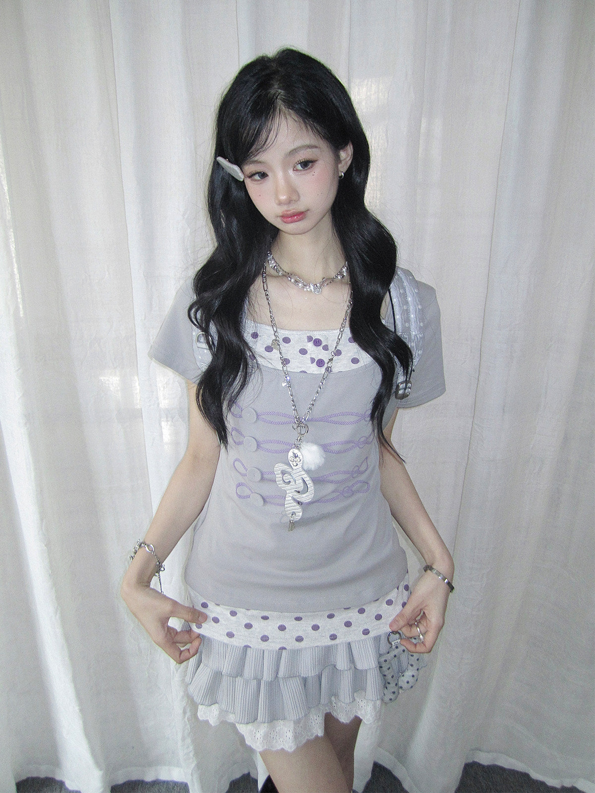 Lilac Polka Dot Faux-Layer Fitted Tee