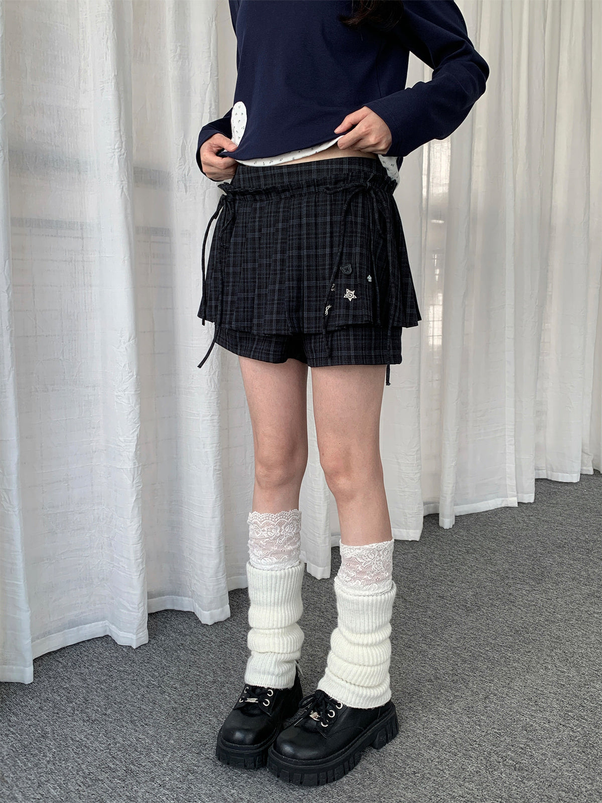Vintage Plaid Layered Tie-Waist Skort Shorts