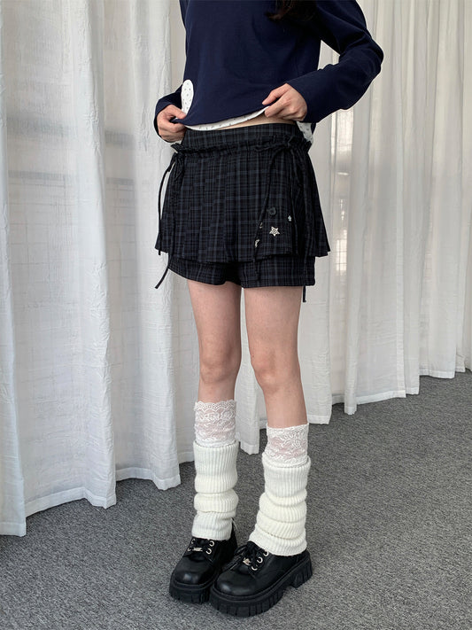Vintage Plaid Layered Tie-Waist Skort Shorts
