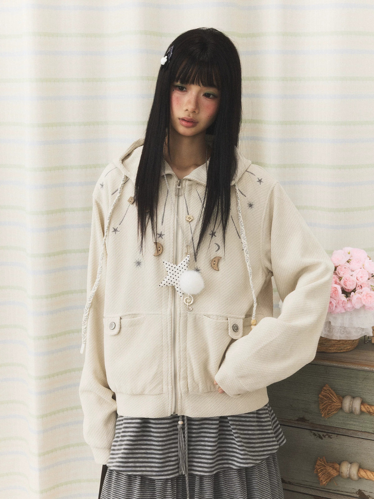 Star & Moon Embroidered Zip-Up Hoodie