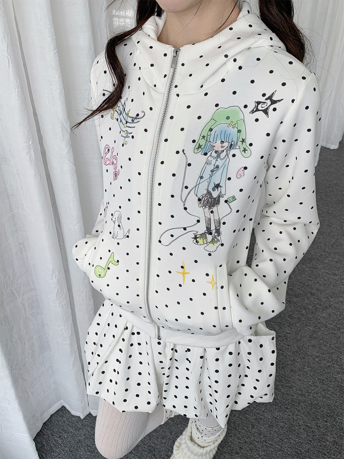 Polka Dot Devil-Horn Cartoon Girl Zip Hoodie