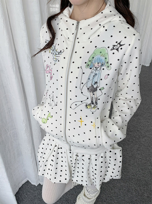 Polka Dot Devil-Horn Cartoon Girl Zip Hoodie