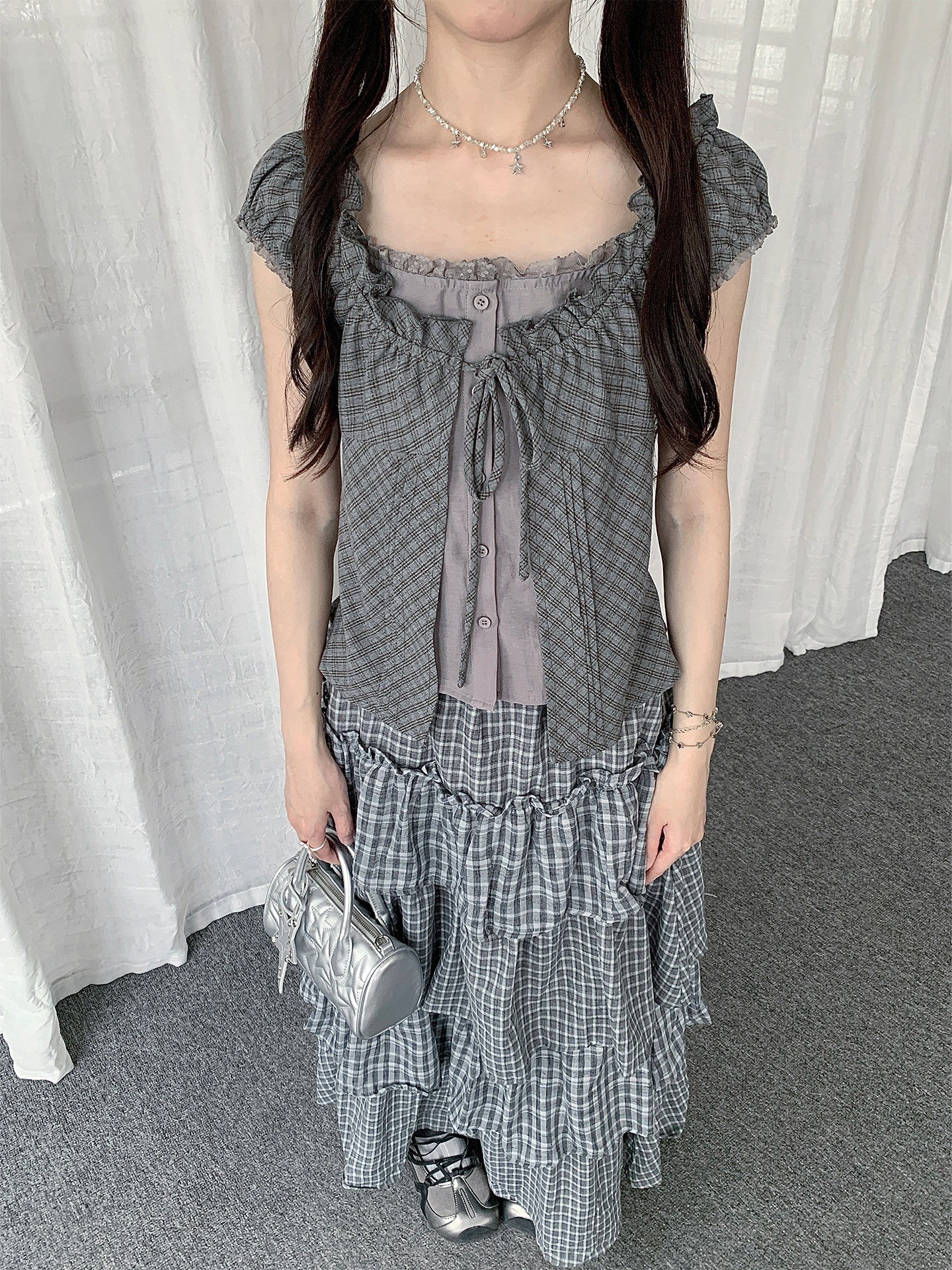 Gray Plaid Tie-Front Layered Puff-Sleeve Top