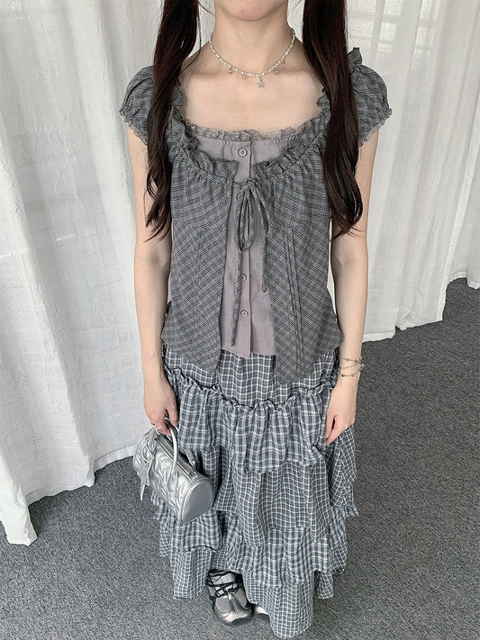 Gray Plaid Tie-Front Layered Puff-Sleeve Top