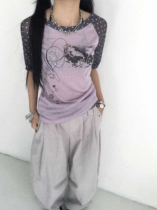 Low-Saturation Purple Polka Dot Raglan Graphic Tee