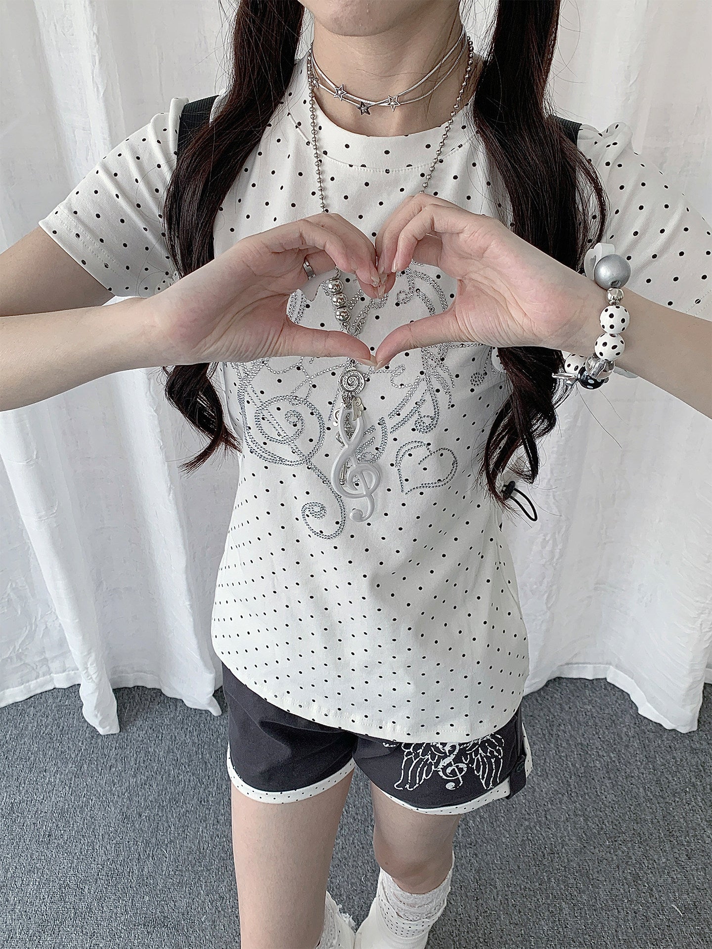 Heart Note Rhinestone Polka Dot Fitted Tee