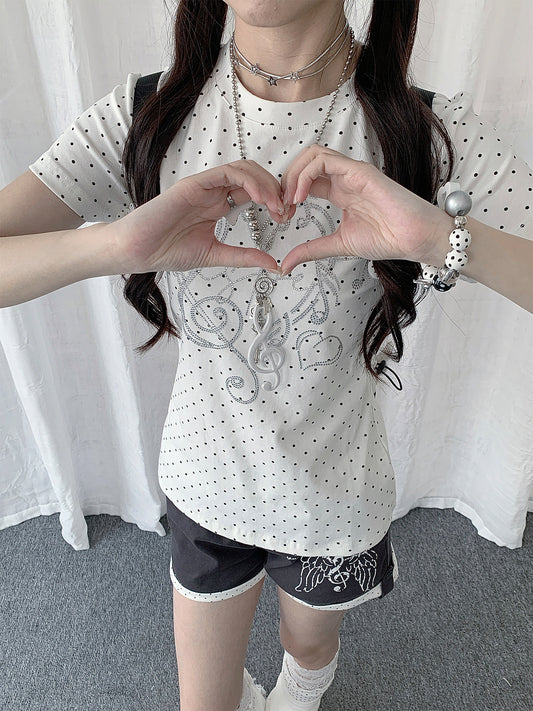 Heart Note Rhinestone Polka Dot Fitted Tee