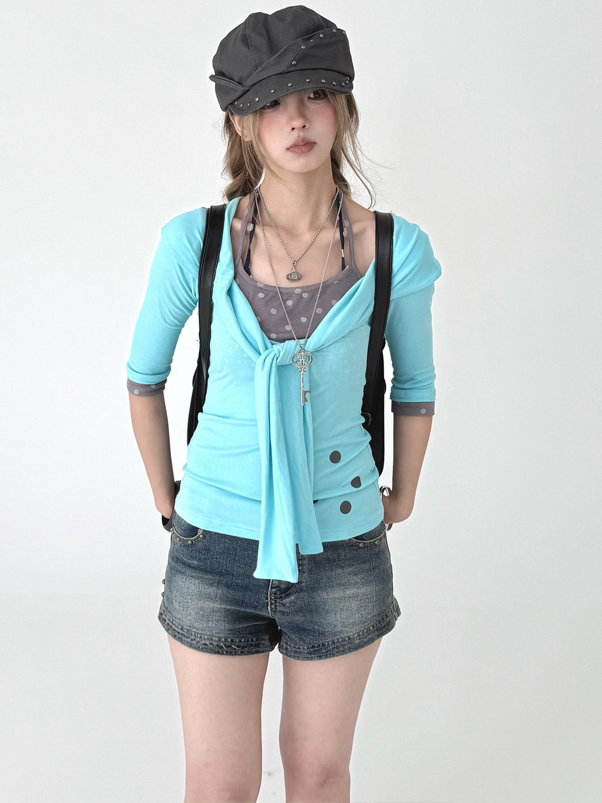Aqua Tie-Front Faux Layered Henley Top