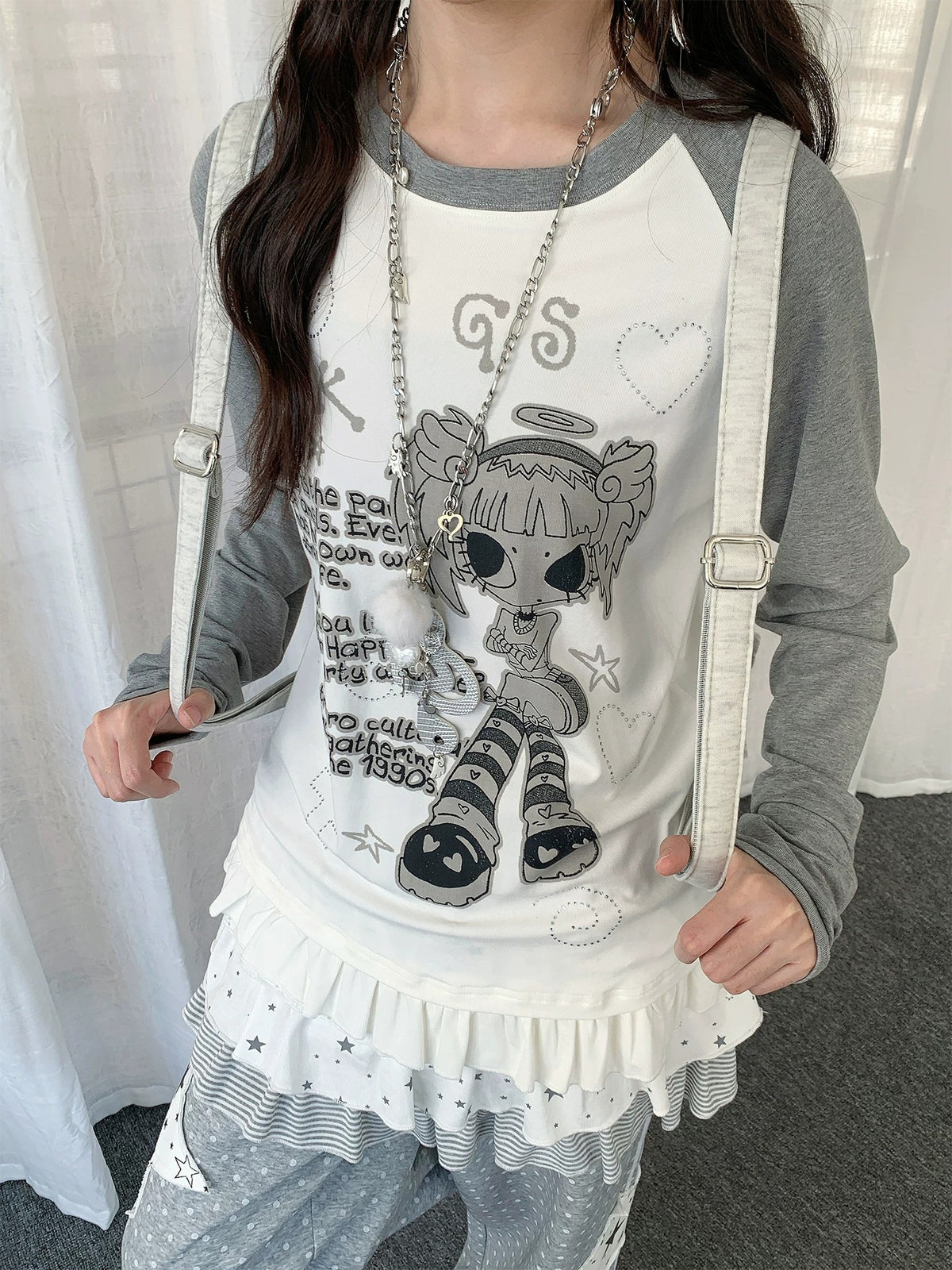 Angel Girl Graphic Raglan Ruffle Long Sleeve Top