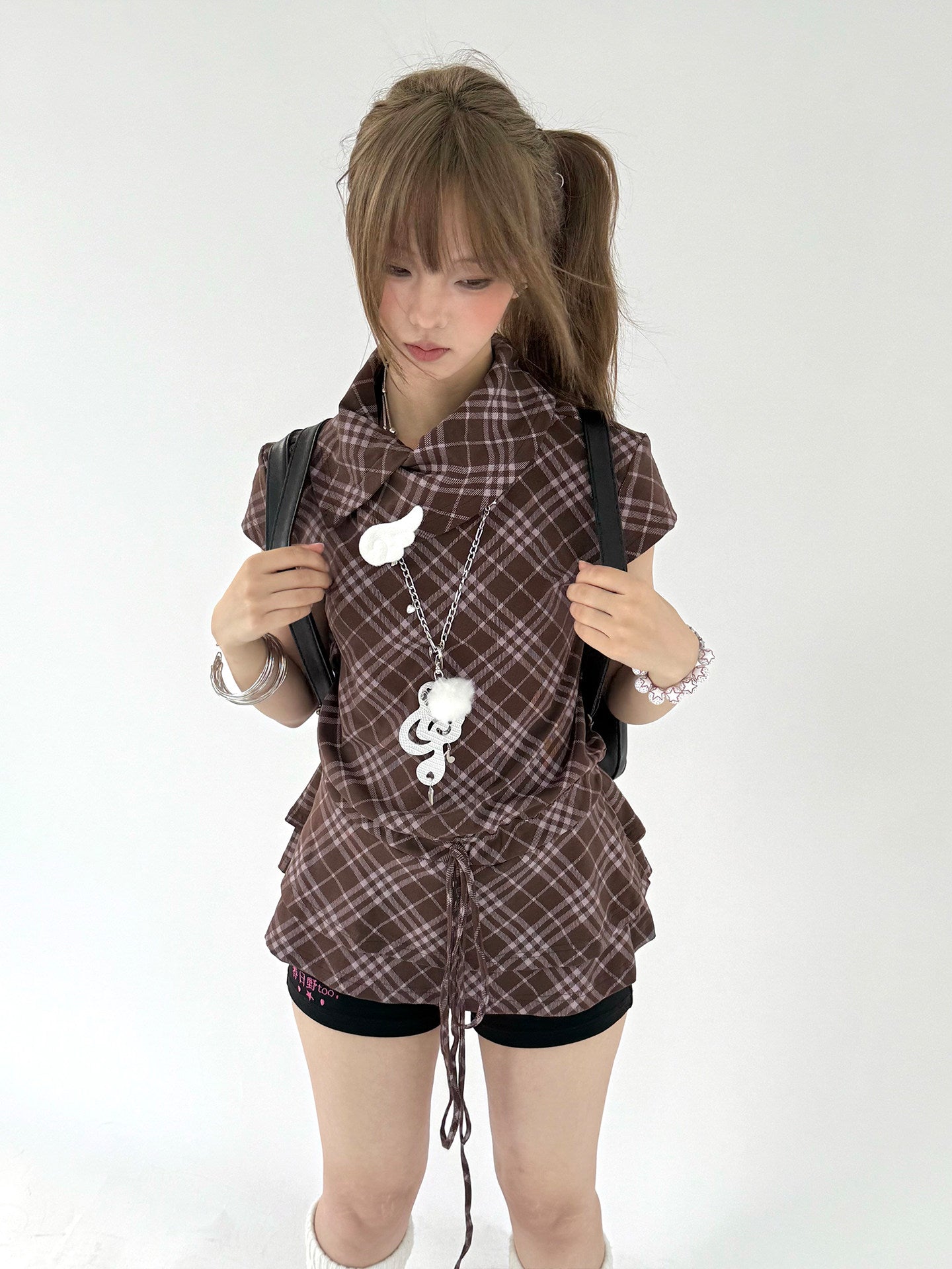 Brown Plaid Drawstring Ruffle-Collar Tunic Top