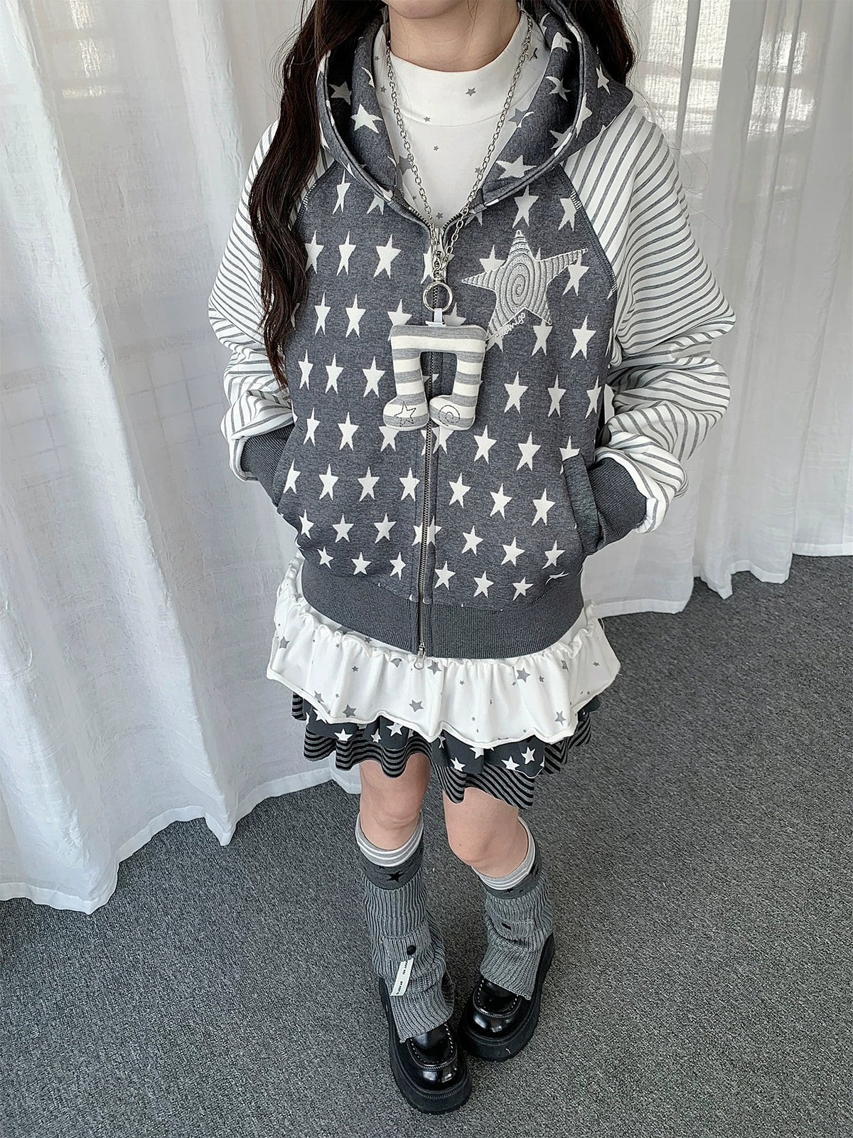 Star & Stripe Patchwork Zip-Up Hoodie