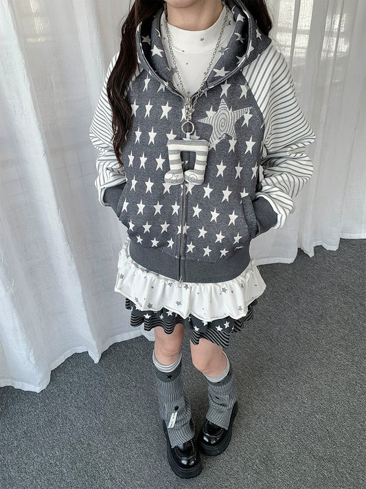 Star & Stripe Patchwork Zip-Up Hoodie