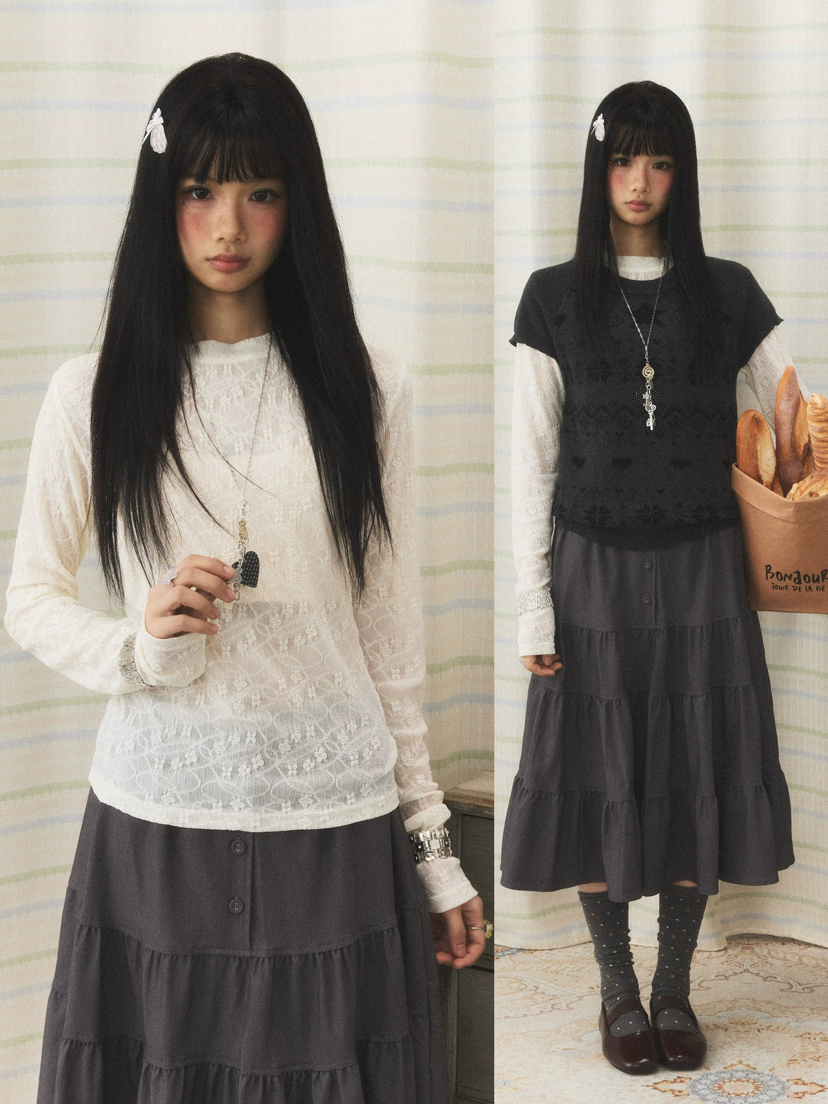 Floral Lace Long Sleeve & Jacquard Knit Short Sleeve Top