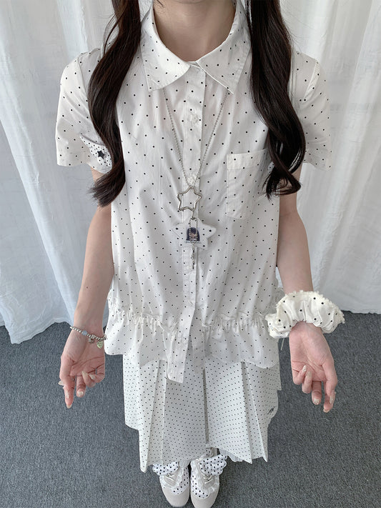 Polka Dot Ruffle-Hem Short Sleeve Shirt