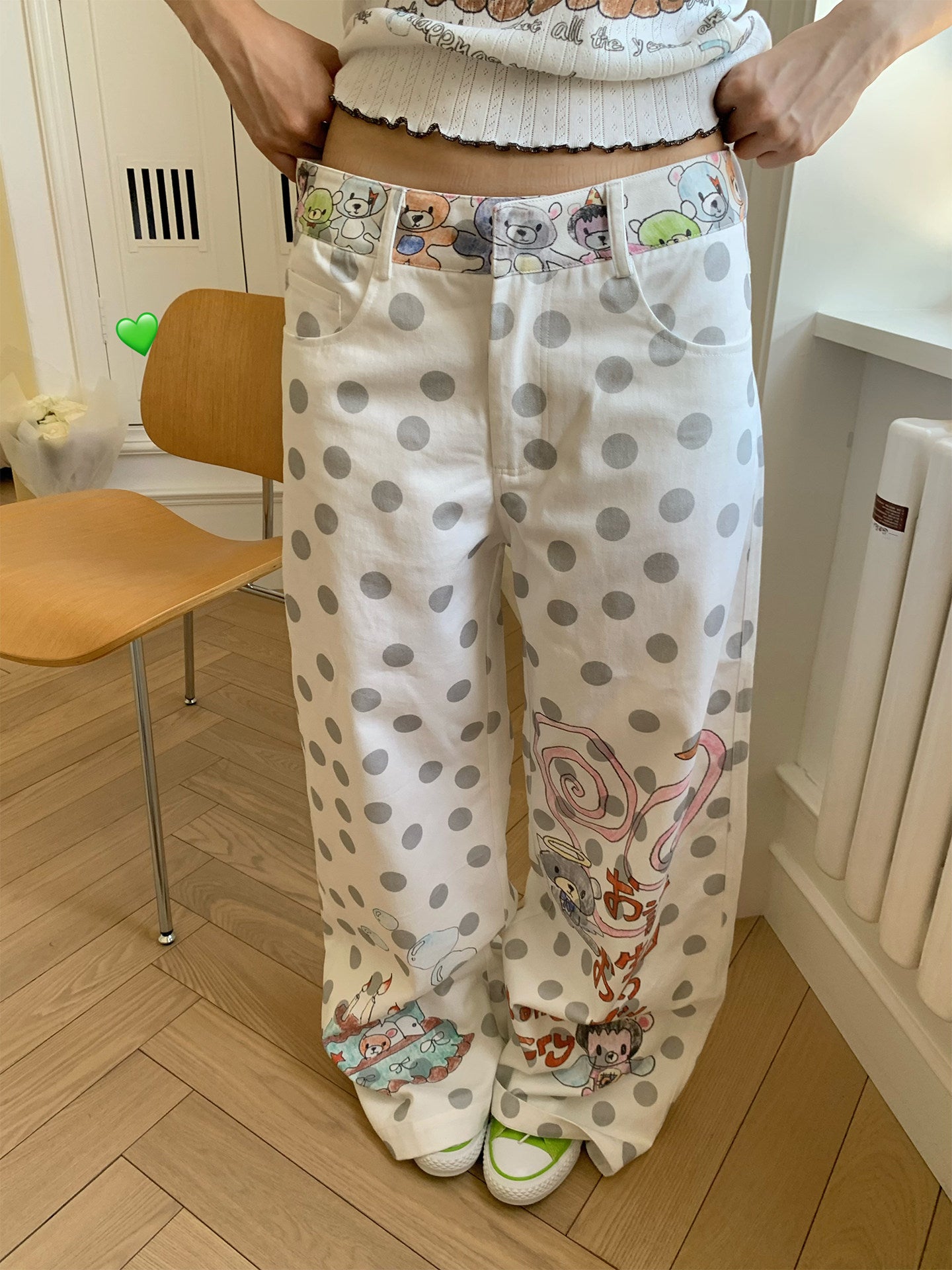 Happy Birthday Bear Gray Polka Dot Wide-Leg Pants
