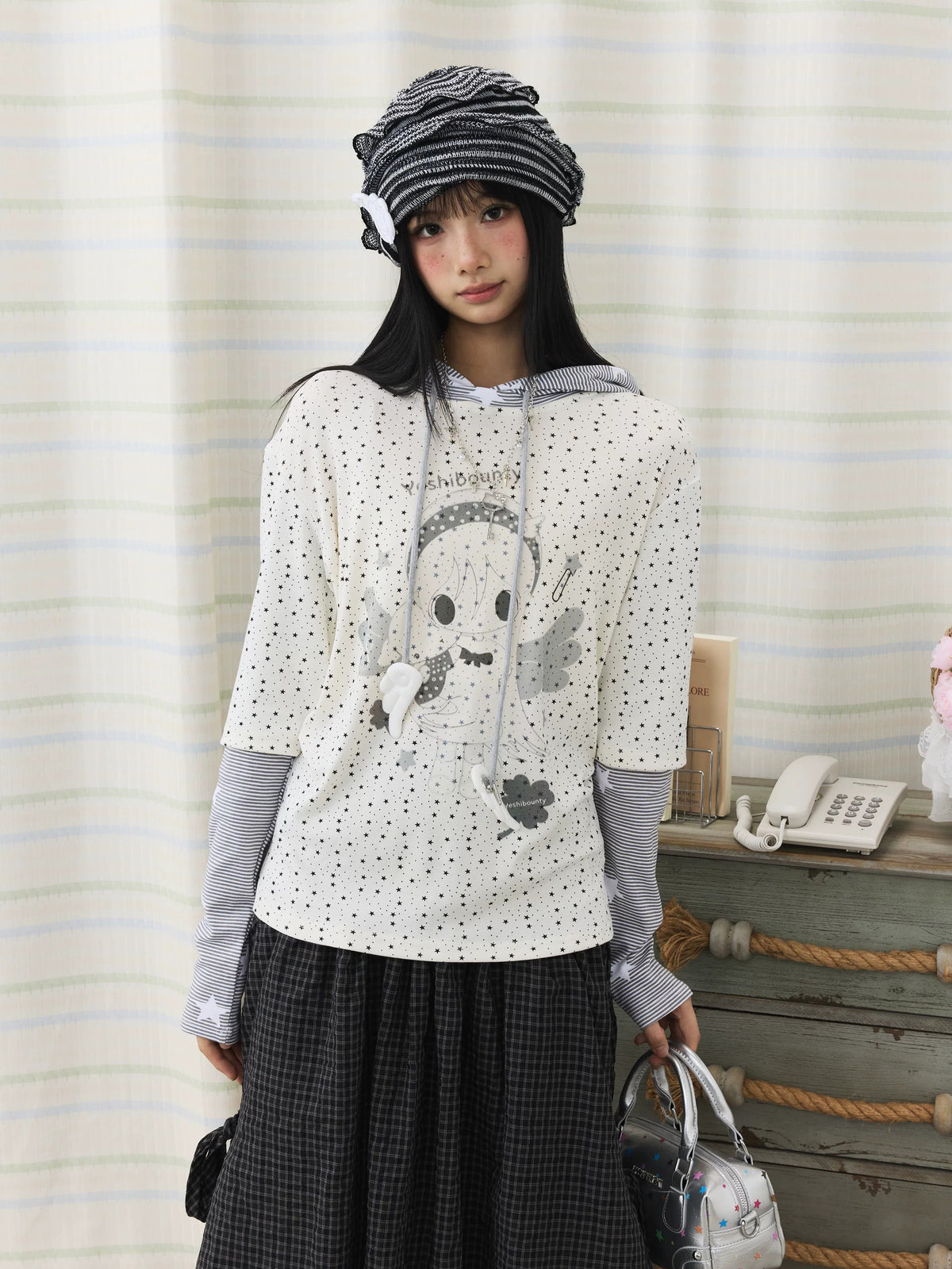 Cartoon Star Print Faux-Layer Hooded Top