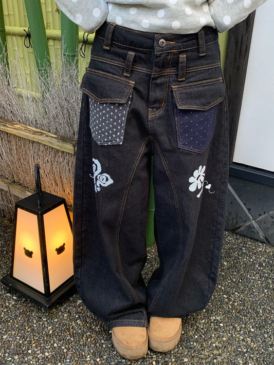 Floral Polka Dot Pocket Wide-Leg Jeans