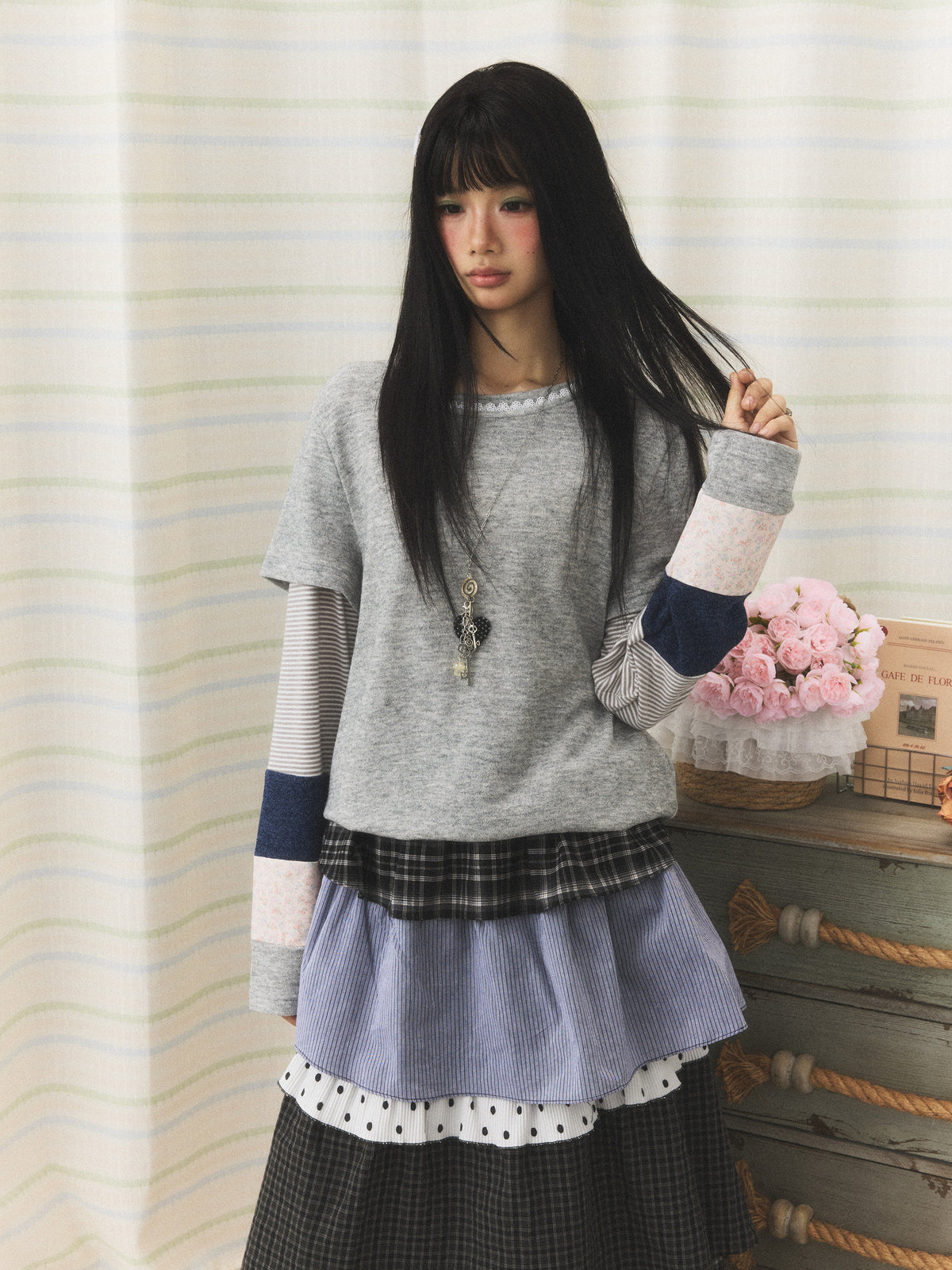 Gray Patchwork Layered Long Sleeve Top