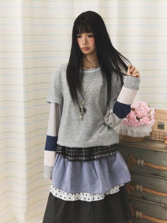 Gray Patchwork Layered Long Sleeve Top