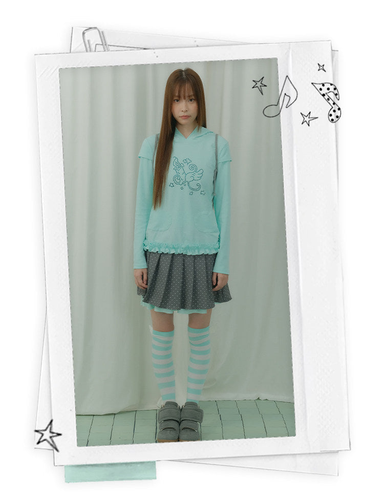 Rhinestone Graphic Faux-Layer Ruffle-Hem Hoodie