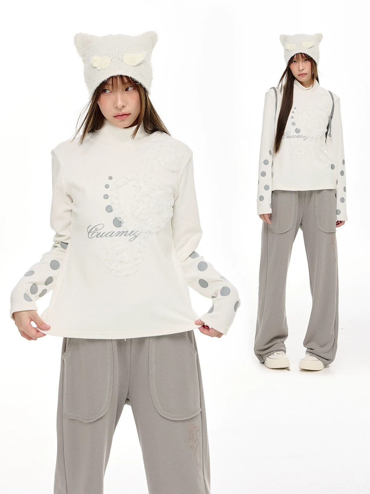 Lace Music Note Appliqué Mock Neck Long Sleeve Top