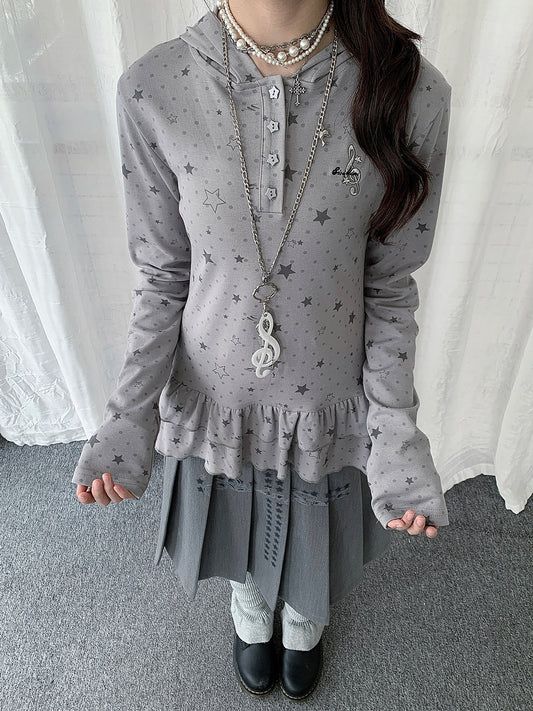 Star Print Ruffle-Hem Hooded Long Sleeve Top
