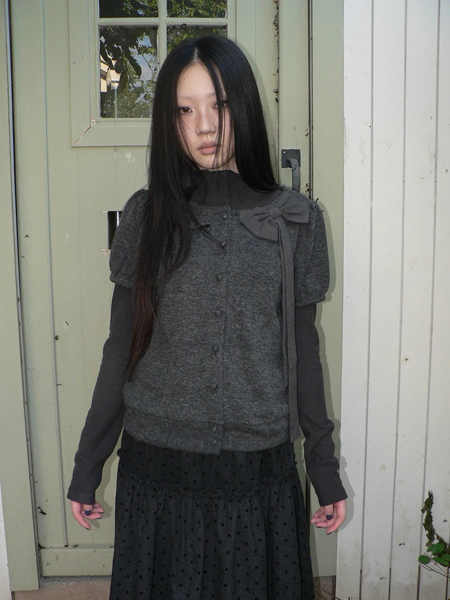 Bow-Detail Knit Cardigan & Long Sleeve Two-Piece Set