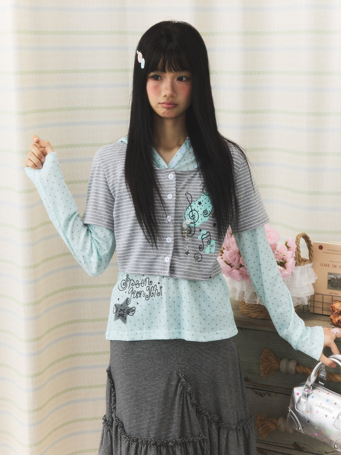 Mint Melody Faux-Layer Hooded Long-Sleeve Top