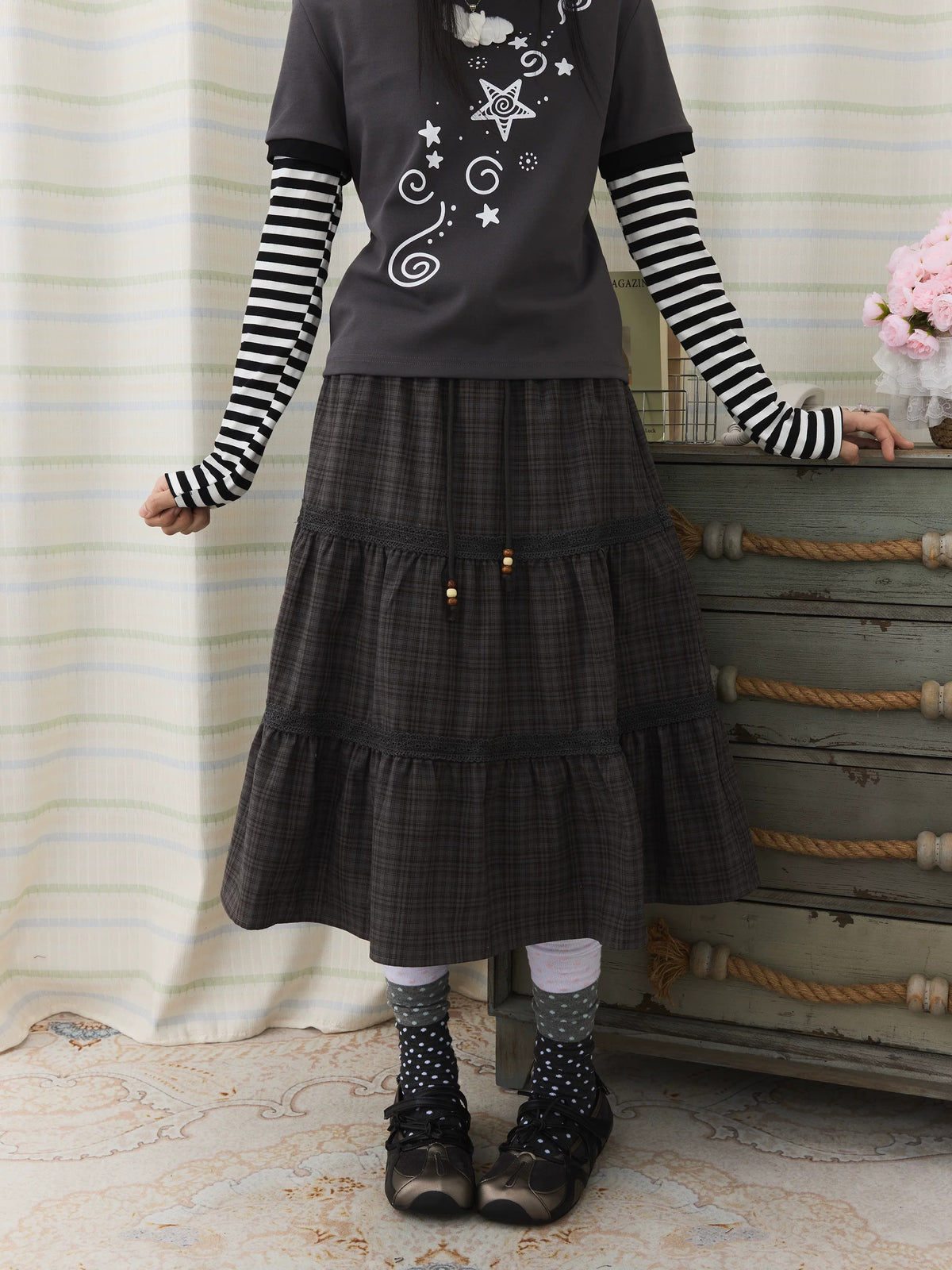 Plaid Tiered Lace Trim Midi Skirt