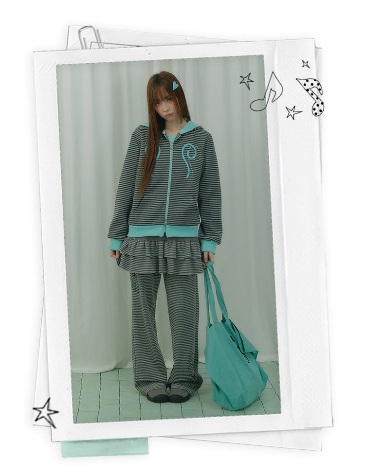 Mint Contrast Stripe Double-Zip Hoodie