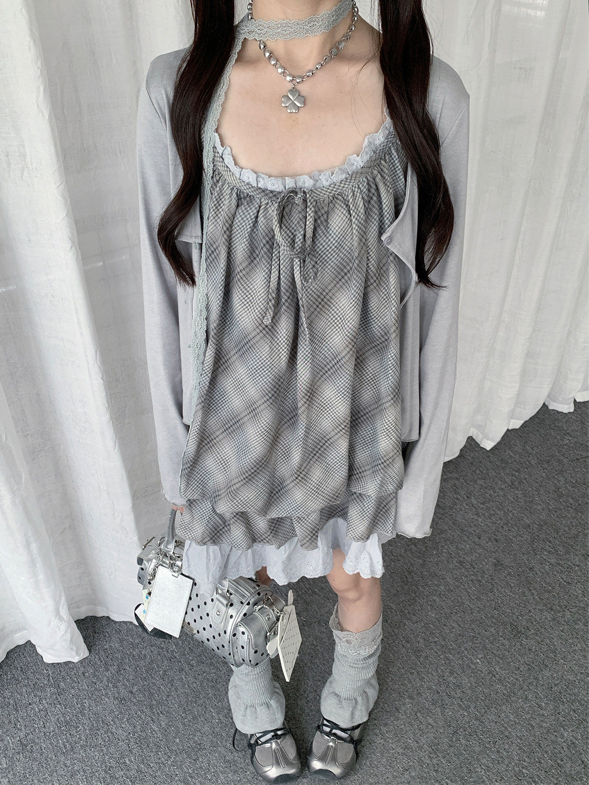 Dusty Blue Plaid Lace Bubble Dress Three-Piece Set