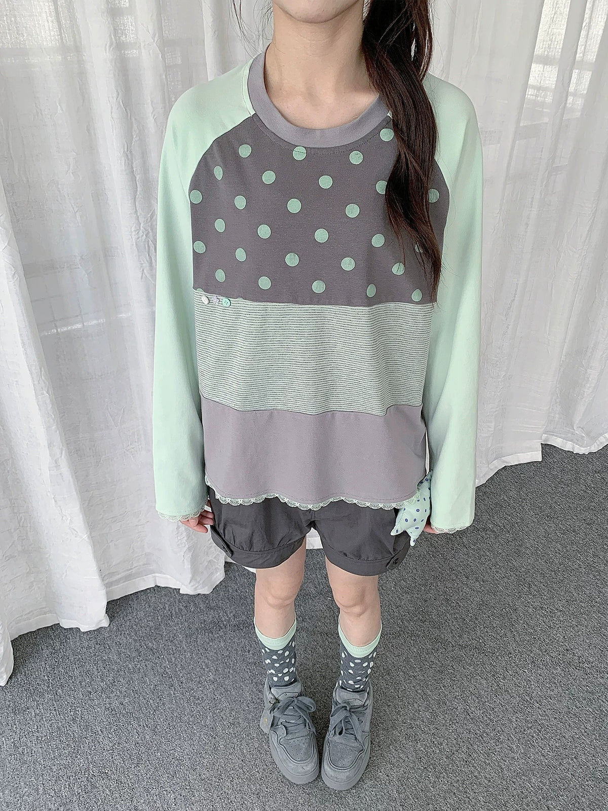 Polka Dot Stripe Lace-Trim Patchwork Long Sleeve Top