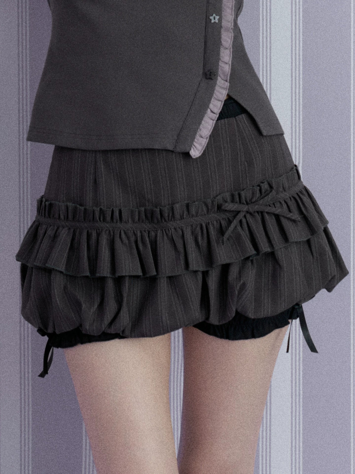 Double-Waist Pinstripe Ruffle Bubble-Hem Skort