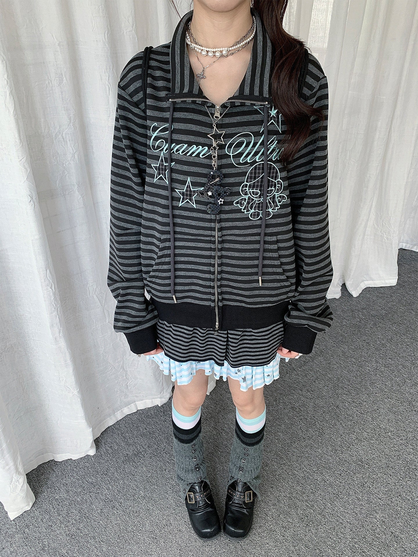 Star Charm Striped Embroidered Zip-Up Jacket