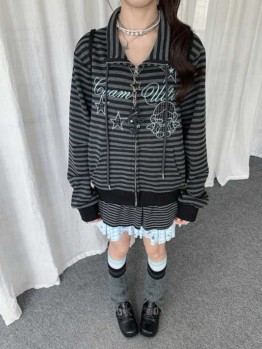 Star Charm Striped Embroidered Zip-Up Jacket