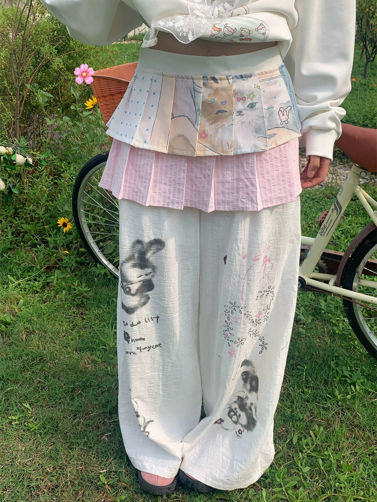 Pink Cat Double-Layer Layering Skirt