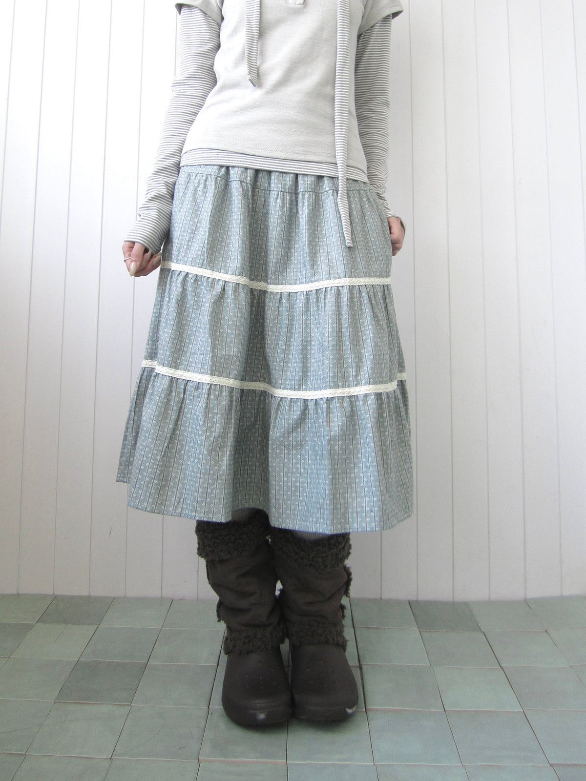 Dusty Blue Floral Tiered Lace Midi Skirt