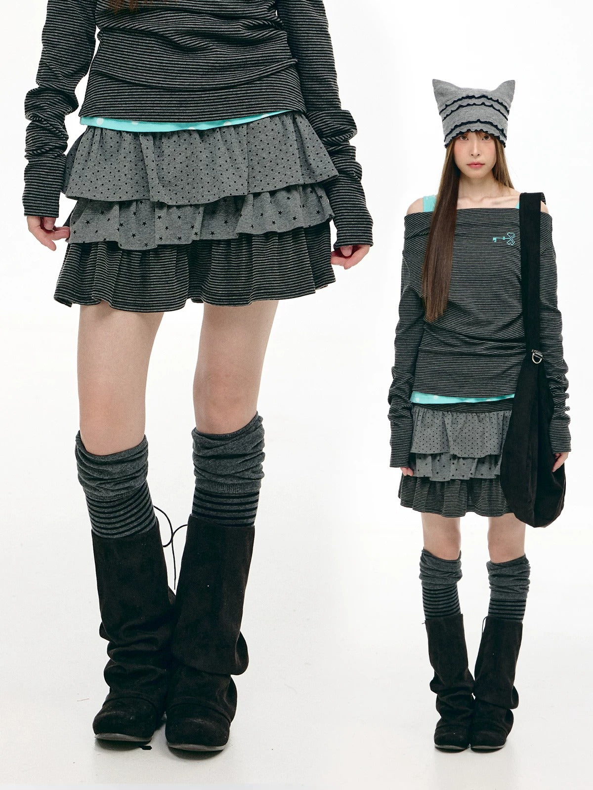 Charcoal Dot & Star Tiered Ruffle Mini Skirt