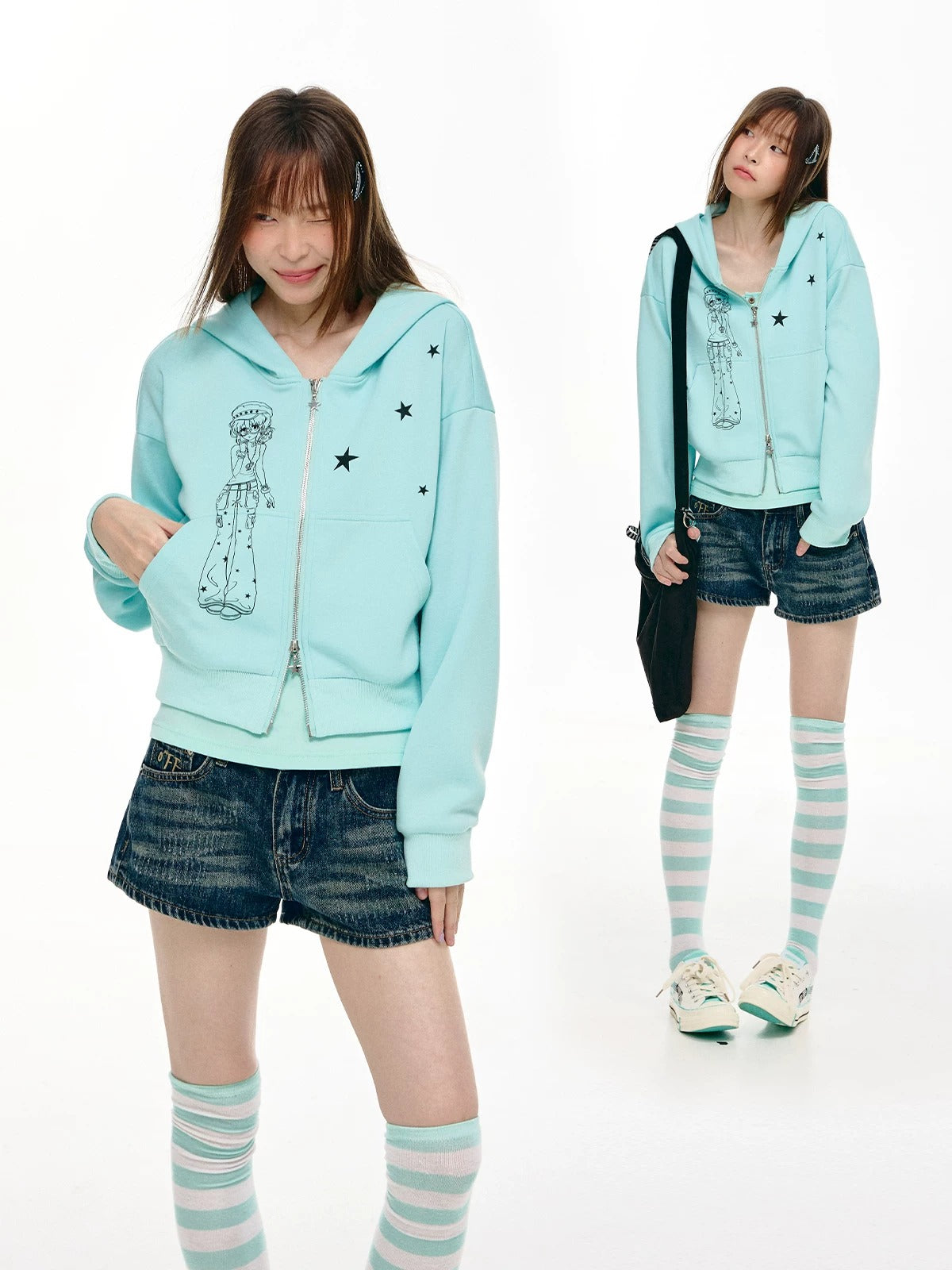 Mint Star Double-Zip Cropped Hoodie