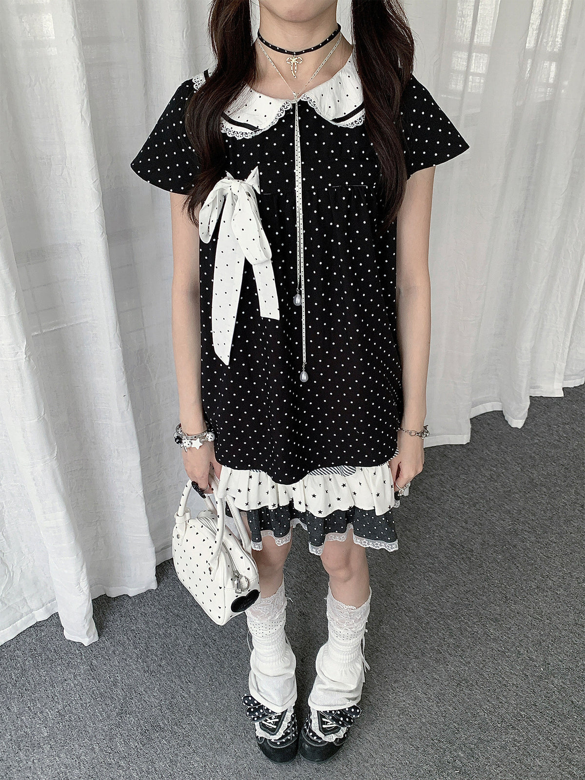 Polka Dot Bow Peter Pan Collar Short Sleeve Top