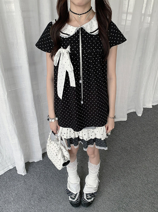 Polka Dot Bow Peter Pan Collar Short Sleeve Top