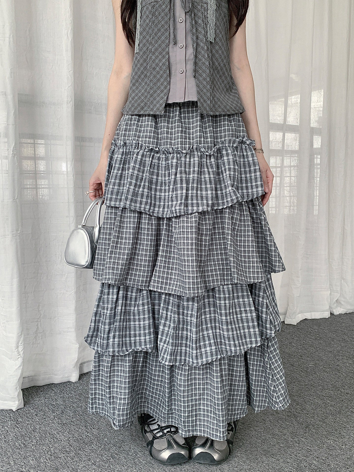 Plaid Patchwork Tiered Maxi Skirt