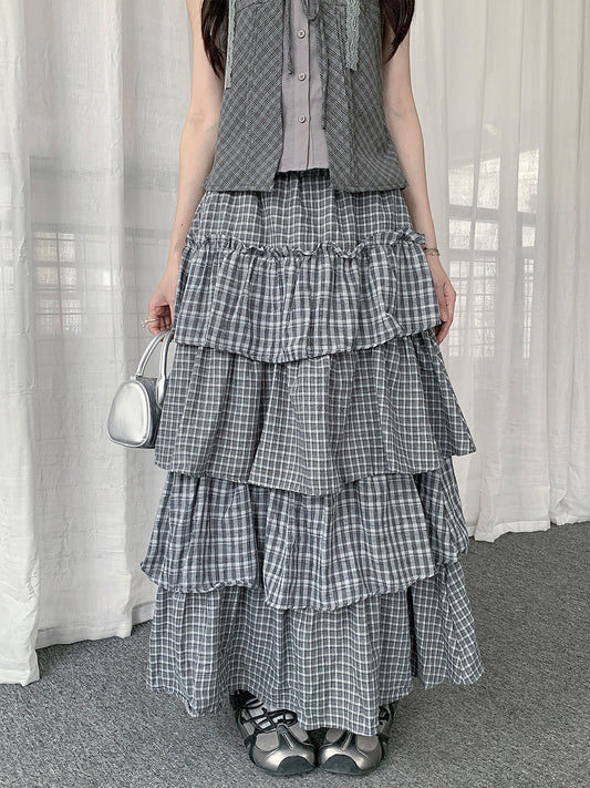 Plaid Patchwork Tiered Maxi Skirt