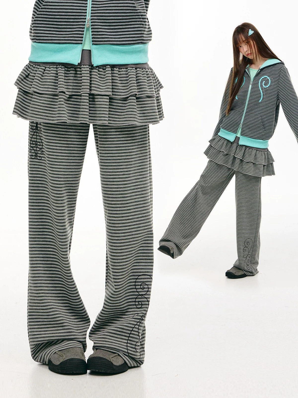 Striped Ruffle-Overlay Wide-Leg Pants