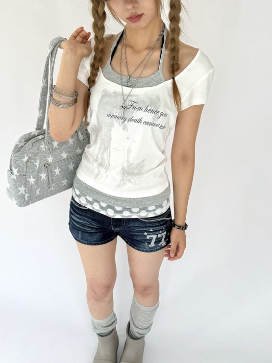 Halter-Layered Graphic Short Sleeve Top