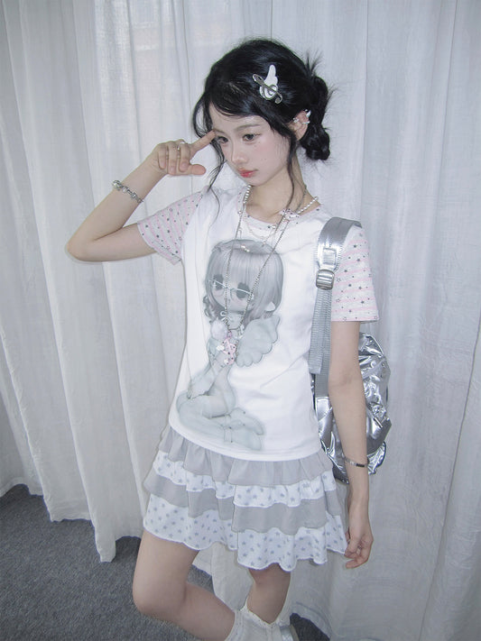 Angel Girl Contrast-Sleeve Graphic Tee