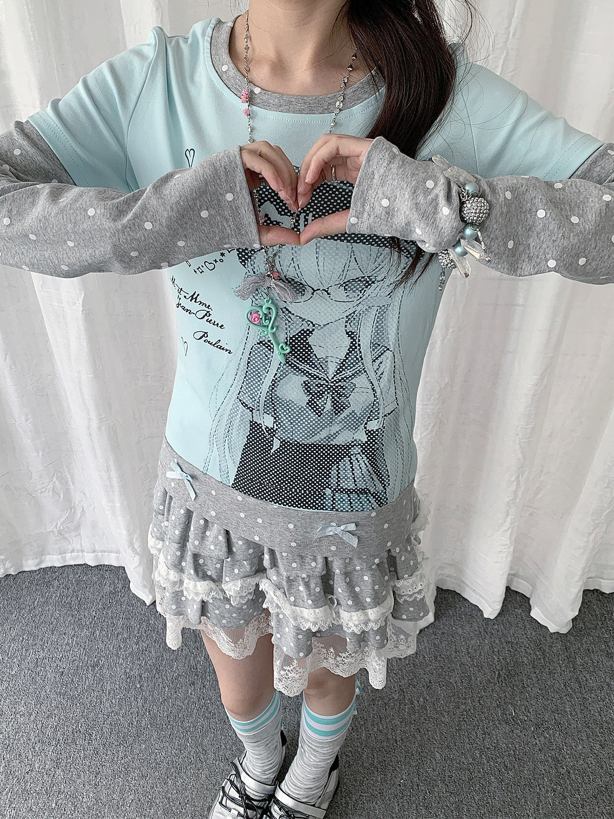 Polka Dot Faux-Layer Girl Graphic Long Sleeve Tee
