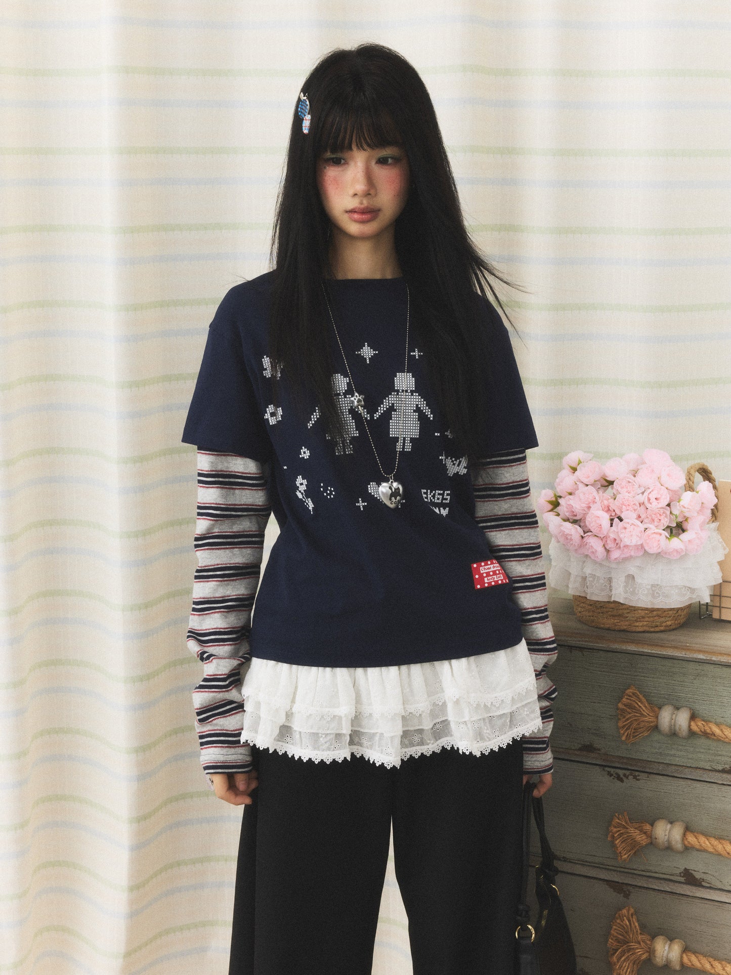 Navy Pixel Girl Stripe Faux-Layer Long-Sleeve Tee