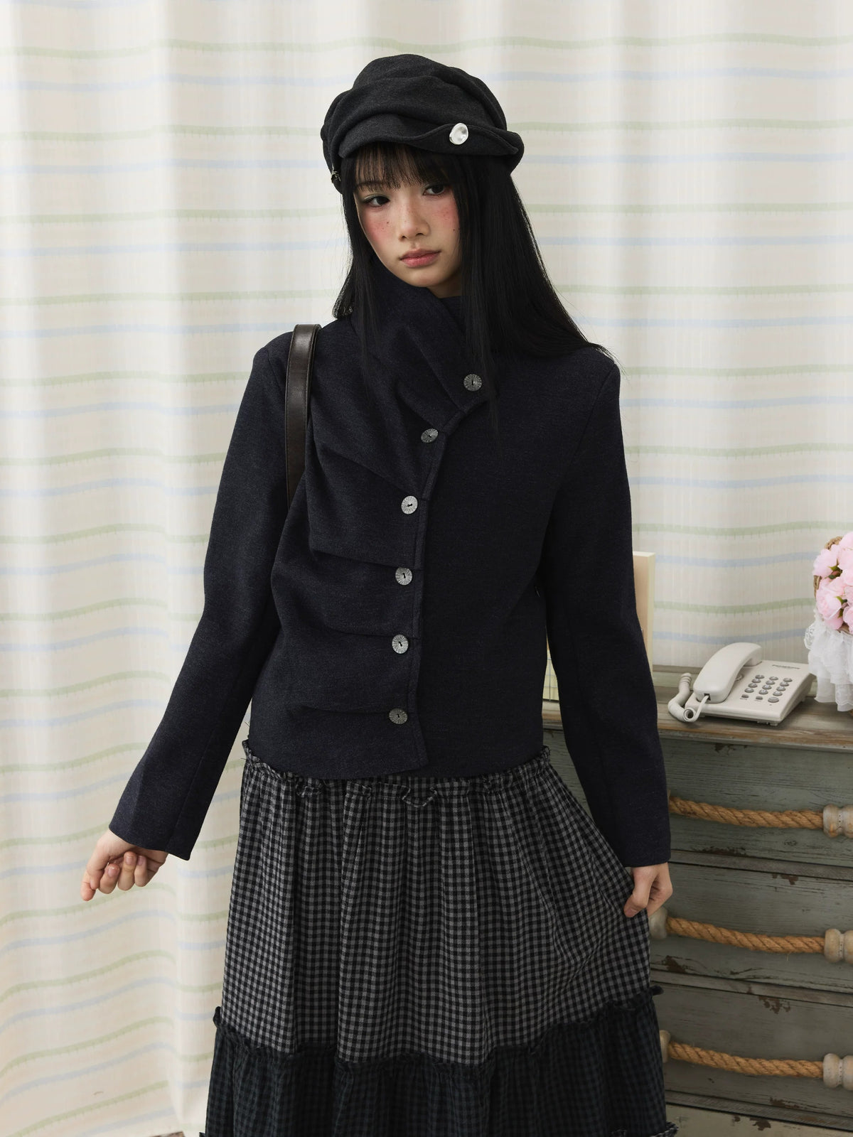 Asymmetric Pleated Collar Cropped Button Jacket
