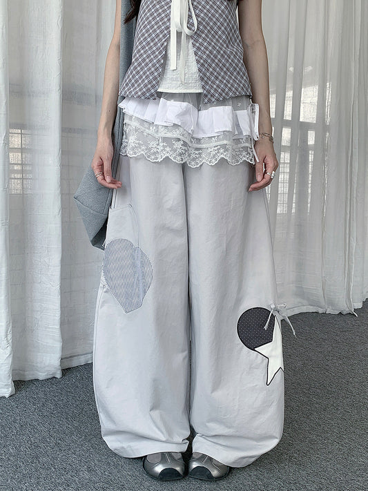 Gray Heart & Star Patch Wide-Leg Cargo Pants